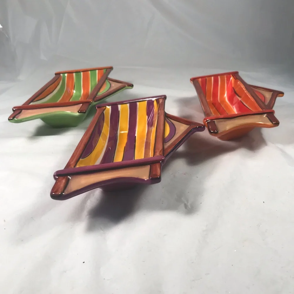 Clay Art Set of 3 Colorfully Striped Ceramic Serving Dip Chip Condiment Bowls